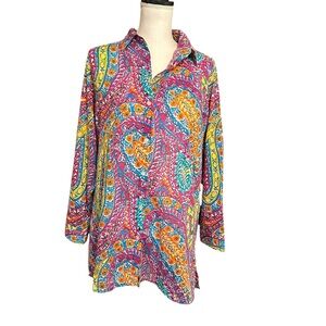 Lauren Ralph Lauren Paisley Button Down Shirt Women's Large Tunic Vibrant Preppy
